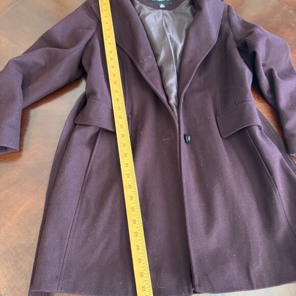 London Fog Wool Coat Burgandy with hood, belt and pockets for women size L - Picture 9 of 15